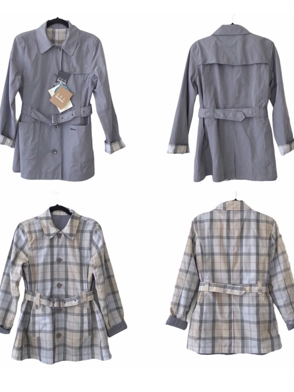 NWT Barbour Oak reversible trenchcoat, classic tartan- color pewter size 4